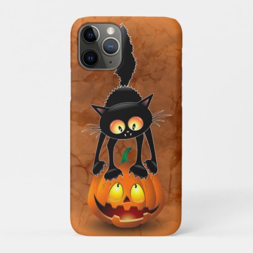 Cat Halloween Scared Cartoon on Pumpkin iPhone 11 Pro Case