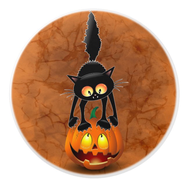 Cat Halloween Scared Cartoon on Pumpkin Ceramic Knob (Front)