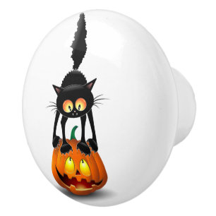 Cat Halloween Scared Cartoon on Pumpkin Ceramic Knob