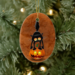 Cat Halloween Scared Cartoon on Pumpkin Ceramic Ornament