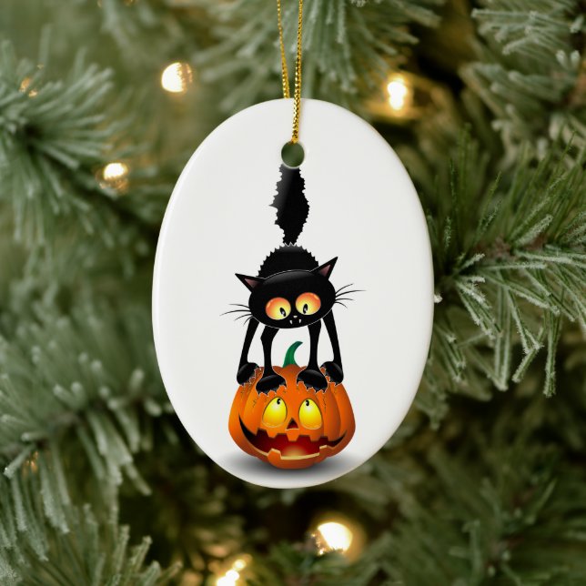 Cat Halloween Scared Cartoon on Pumpkin Ceramic Ornament (Tree)