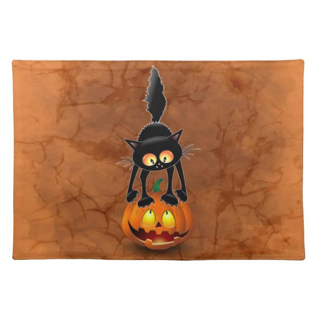 Cat Halloween Scared Cartoon on Pumpkin Cloth Placemat (Front)