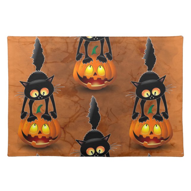 Cat Halloween Scared Cartoon on Pumpkin Cloth Placemat (Front)