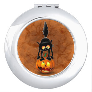 Cat Halloween Scared Cartoon on Pumpkin Compact Mirror