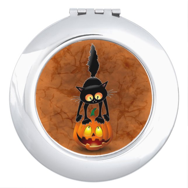 Cat Halloween Scared Cartoon on Pumpkin Compact Mirror (Front)