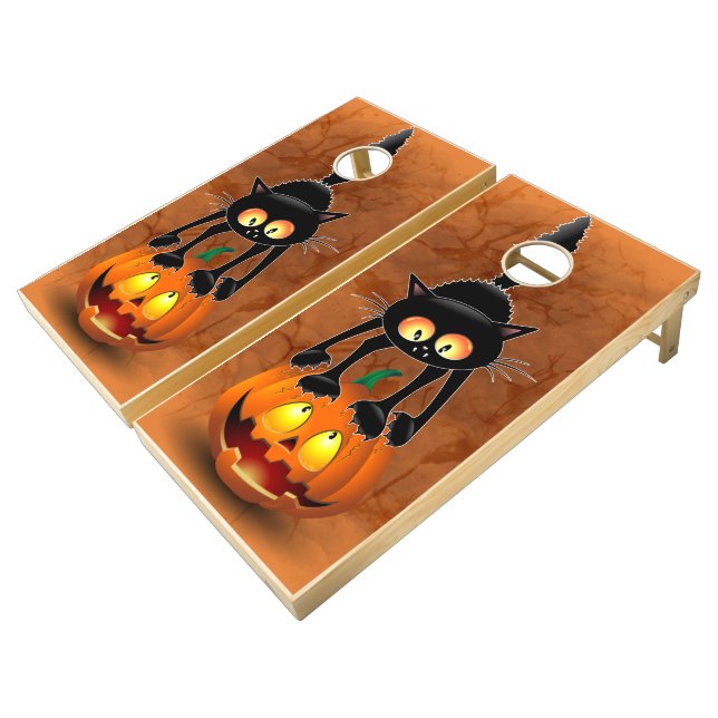 Cat Halloween Scared Cartoon on Pumpkin Cornhole Set (Angled)