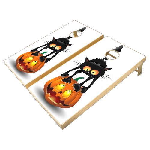 Cat Halloween Scared Cartoon on Pumpkin Cornhole Set