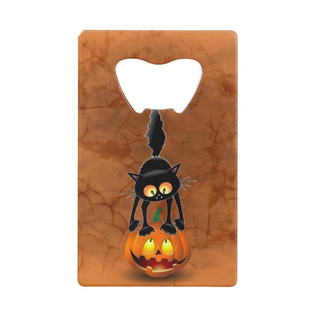 Cat Halloween Scared Cartoon on Pumpkin Credit Card Bottle Opener (Front)