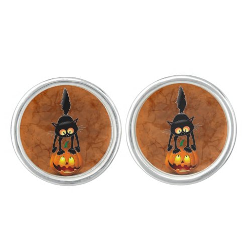 Cat Halloween Scared Cartoon on Pumpkin Cufflinks