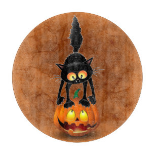Cat Halloween Scared Cartoon on Pumpkin Cutting Board