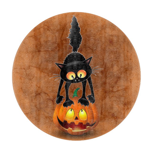 Cat Halloween Scared Cartoon on Pumpkin Cutting Board (Front)