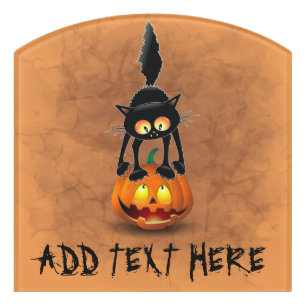Cat Halloween Scared Cartoon on Pumpkin Door Sign