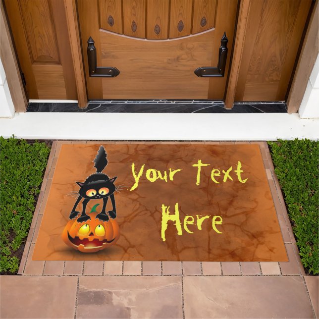 Cat Halloween Scared Cartoon on Pumpkin Doormat (Outdoor)