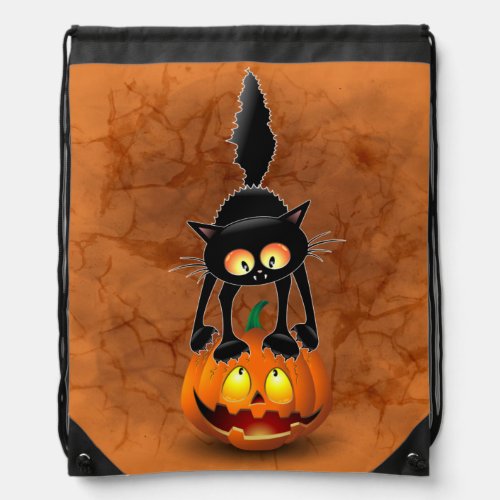 Cat Halloween Scared Cartoon on Pumpkin Drawstring Bag