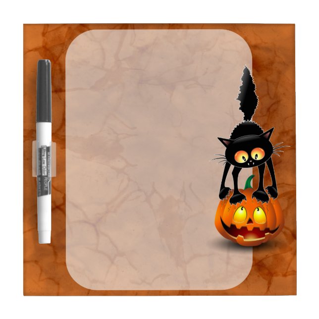 Cat Halloween Scared Cartoon on Pumpkin Dry Erase Board (Front)
