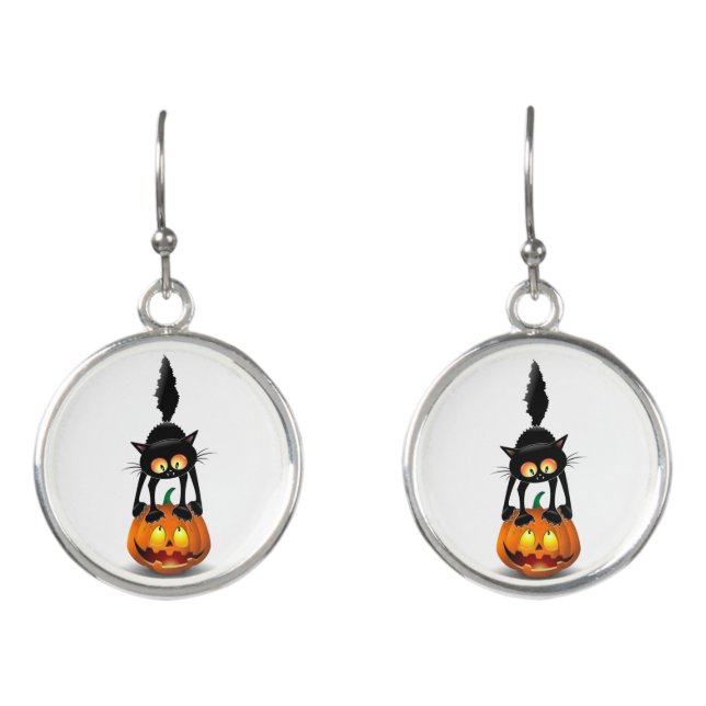 Cat Halloween Scared Cartoon on Pumpkin Earrings (Front)