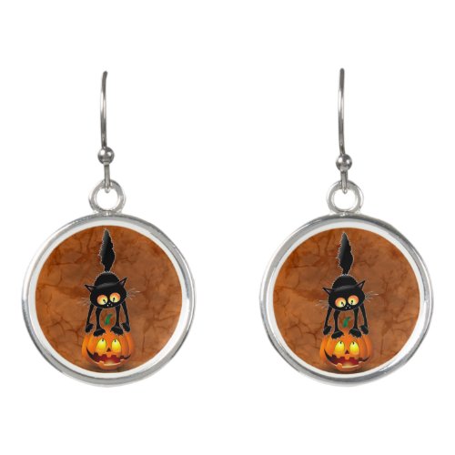 Cat Halloween Scared Cartoon on Pumpkin Earrings