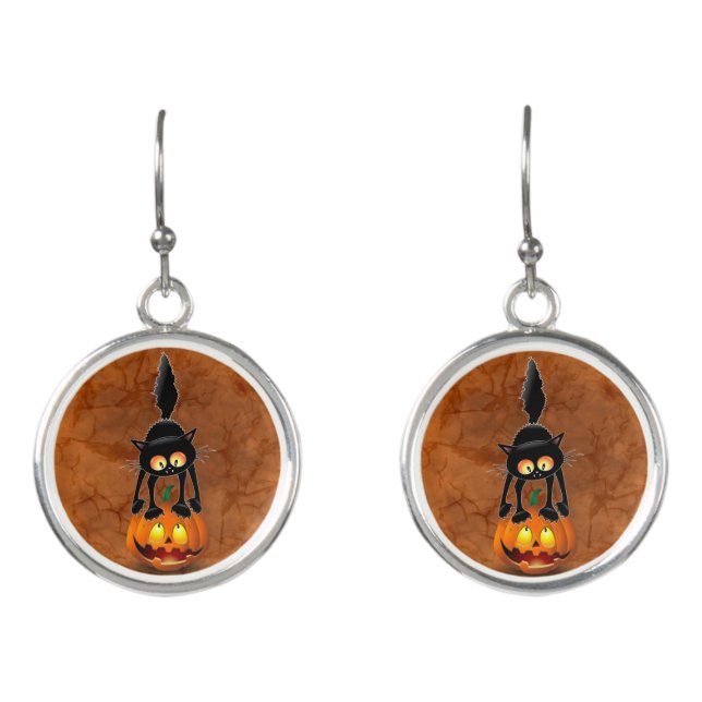 Cat Halloween Scared Cartoon on Pumpkin Earrings (Front)