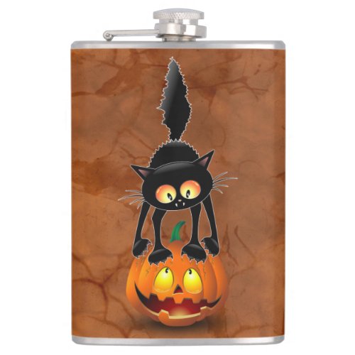 Cat Halloween Scared Cartoon on Pumpkin Flask