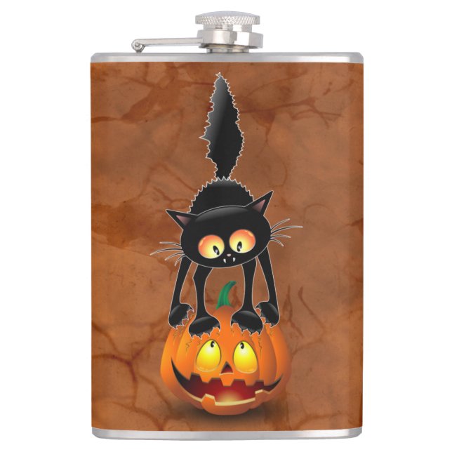 Cat Halloween Scared Cartoon on Pumpkin Flask (Front)