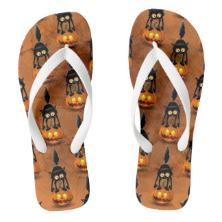 Cat Halloween Scared Cartoon on Pumpkin Flip Flops