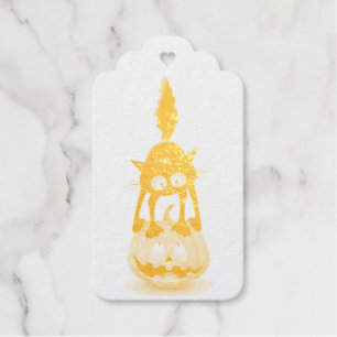 Cat Halloween Scared Cartoon on Pumpkin Foil Gift Tags