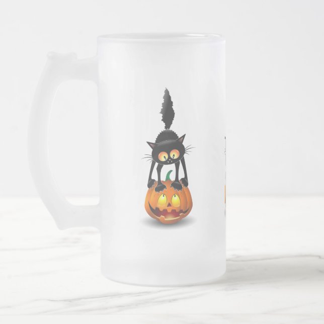 Cat Halloween Scared Cartoon on Pumpkin Frosted Glass Beer Mug (Left)