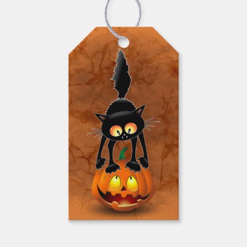 Cat Halloween Scared Cartoon on Pumpkin Gift Tags