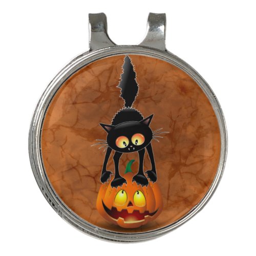 Cat Halloween Scared Cartoon on Pumpkin Golf Hat Clip