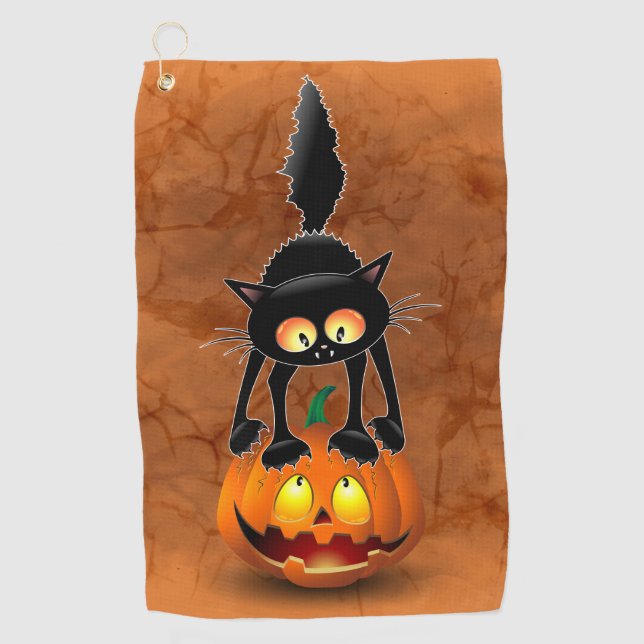 Cat Halloween Scared Cartoon on Pumpkin Golf Towel (Front)