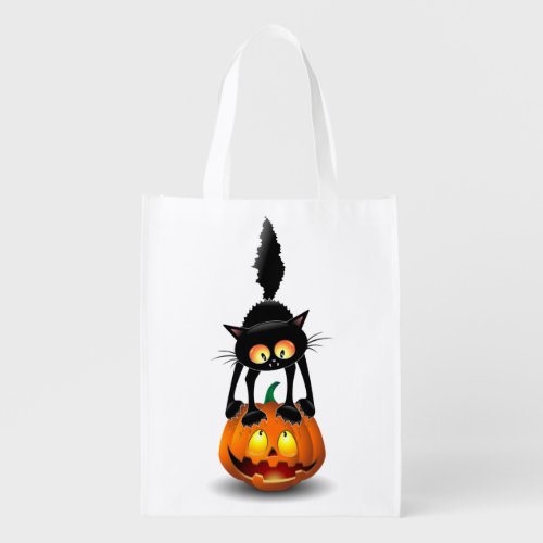 Cat Halloween Scared Cartoon on Pumpkin Grocery Bag