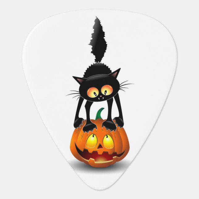 Cat Halloween Scared Cartoon on Pumpkin Guitar Pick (Front)