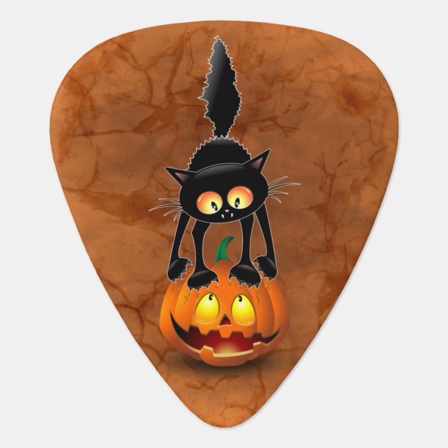 Cat Halloween Scared Cartoon on Pumpkin Guitar Pick (Front)