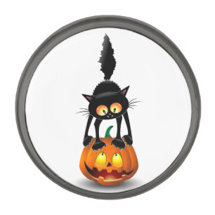 Cat Halloween Scared Cartoon on Pumpkin Gunmetal Finish Lapel Pin