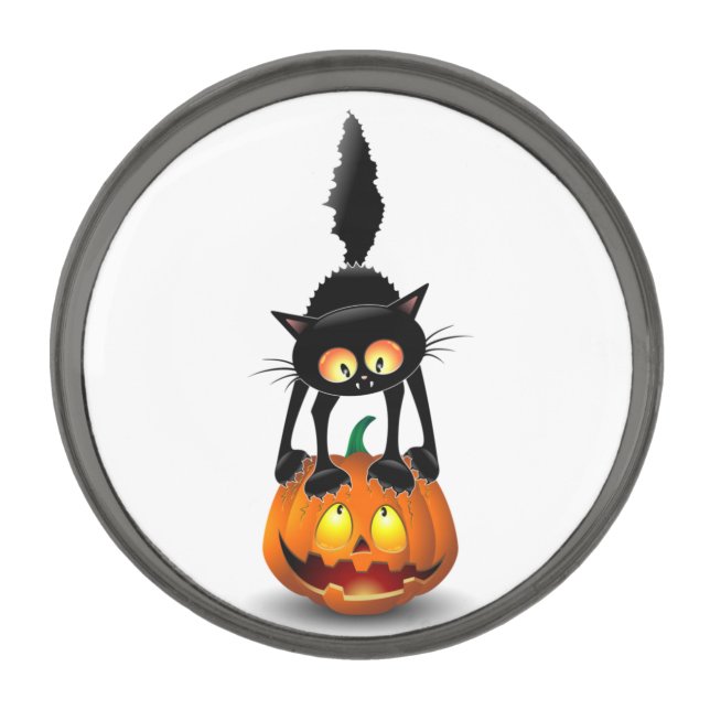 Cat Halloween Scared Cartoon on Pumpkin Gunmetal Finish Lapel Pin (Front)
