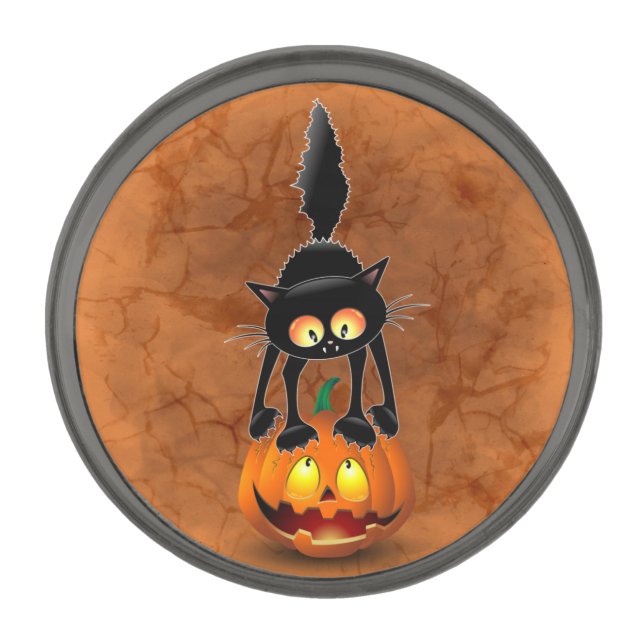 Cat Halloween Scared Cartoon on Pumpkin Gunmetal Finish Lapel Pin (Front)