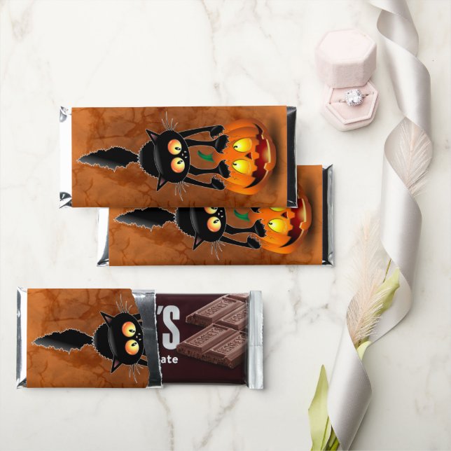 Cat Halloween Scared Cartoon on Pumpkin Hershey Bar Favors (Front)