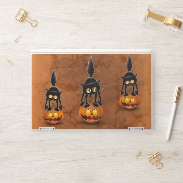Cat Halloween Scared Cartoon on Pumpkin HP Laptop Skin (Desk)