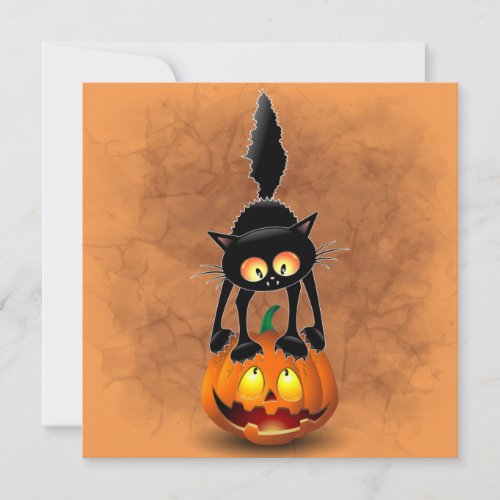 Cat Halloween Scared Cartoon on Pumpkin Invitation