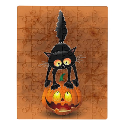 Cat Halloween Scared Cartoon on Pumpkin Jigsaw Puzzle