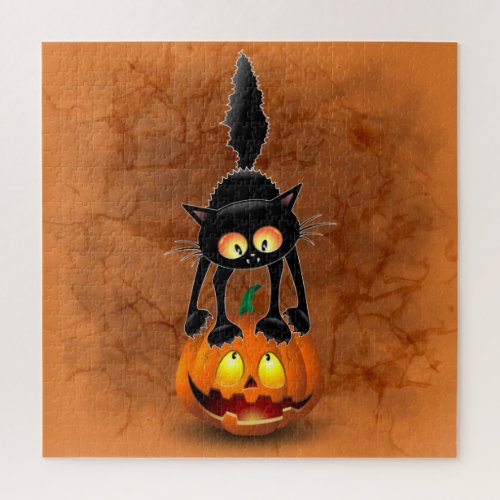 Cat Halloween Scared Cartoon on Pumpkin Jigsaw Puzzle