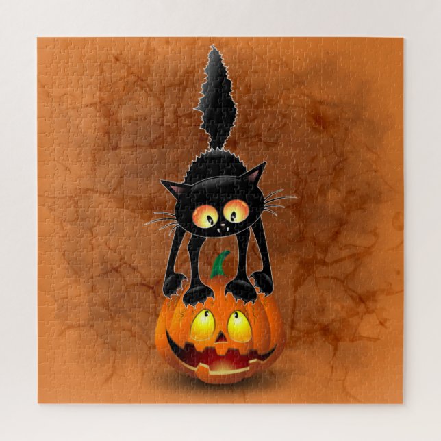 Cat Halloween Scared Cartoon on Pumpkin Jigsaw Puzzle (Vertical)