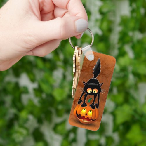Cat Halloween Scared Cartoon on Pumpkin Keychain
