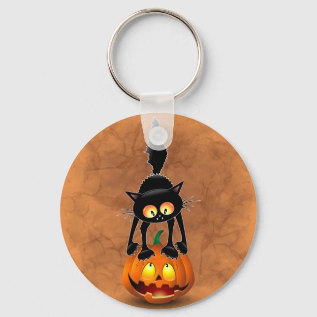 Cat Halloween Scared Cartoon on Pumpkin Keychain (Front)