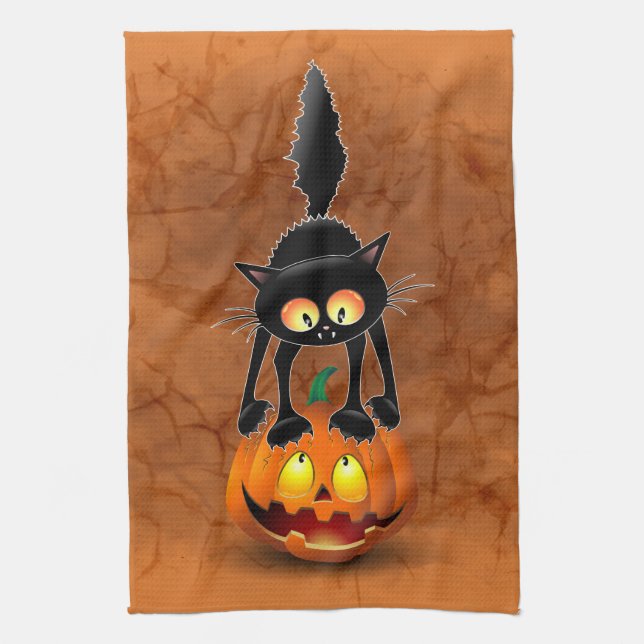 Cat Halloween Scared Cartoon on Pumpkin Kitchen Towel (Vertical)