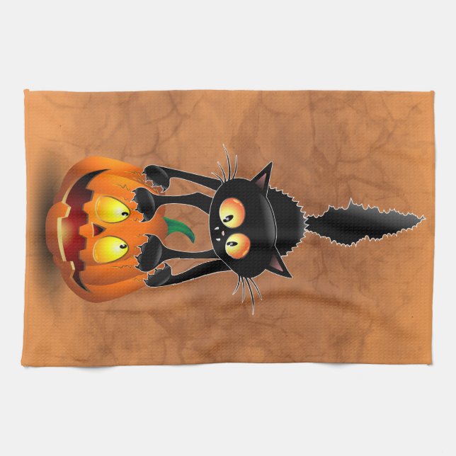 Cat Halloween Scared Cartoon on Pumpkin Kitchen Towel (Horizontal)