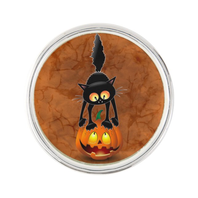 Cat Halloween Scared Cartoon on Pumpkin Lapel Pin (Front)