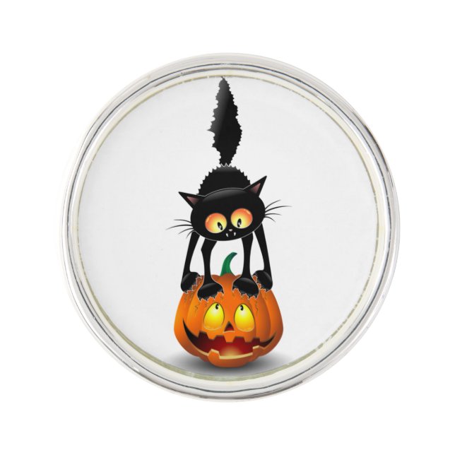 Cat Halloween Scared Cartoon on Pumpkin Lapel Pin (Front)