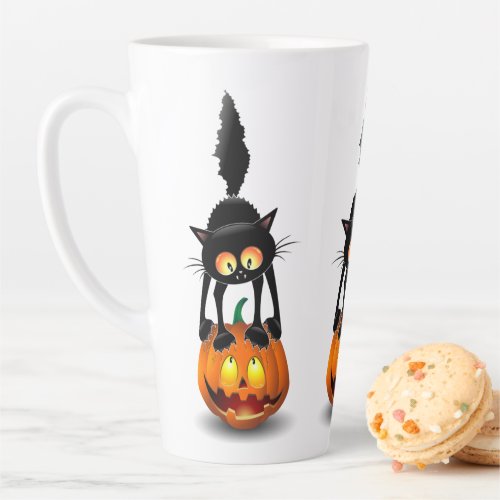 Cat Halloween Scared Cartoon on Pumpkin Latte Mug