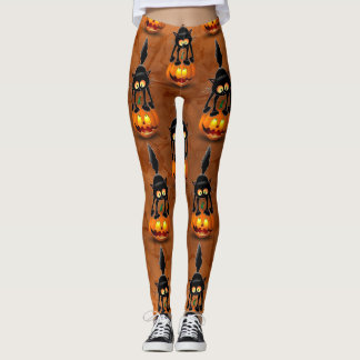 Cat Halloween Scared Cartoon on Pumpkin Leggings